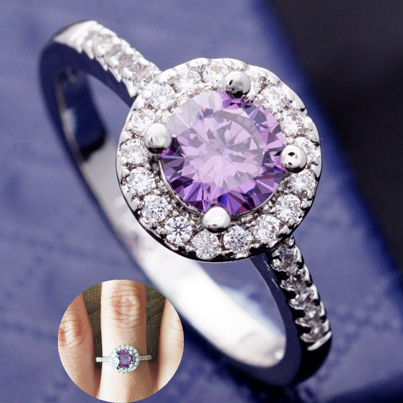 Simple Cute design Fashion Purple CZ Diamond Rings Real white Gold ...